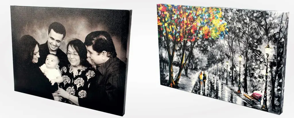 Two custom canvas prints framed and placed side by side. A family portrait and a painting reproduction.