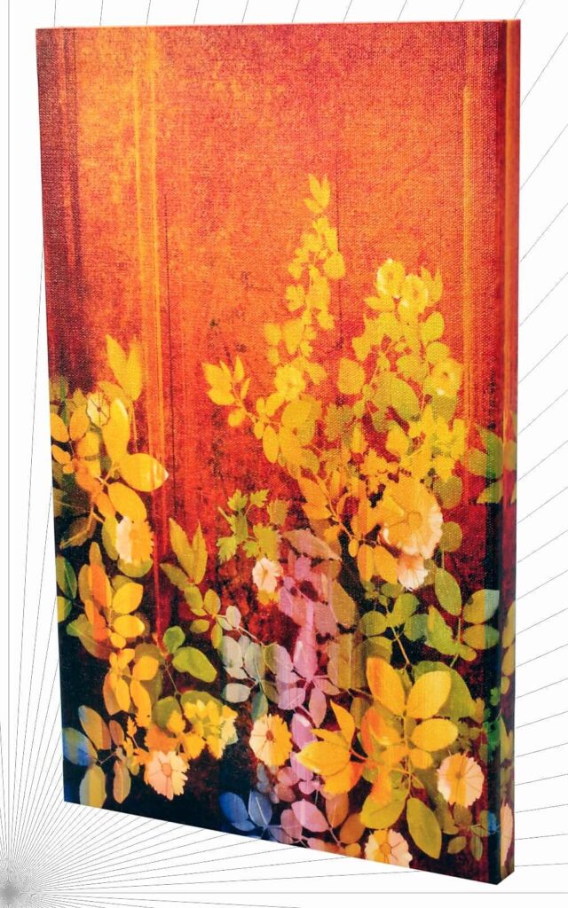 canvas reproductio Painting of bright yellow leaves and flowers on an abstract orange background framed to create canvas wall artn of a painting showing plants painted on an orange background