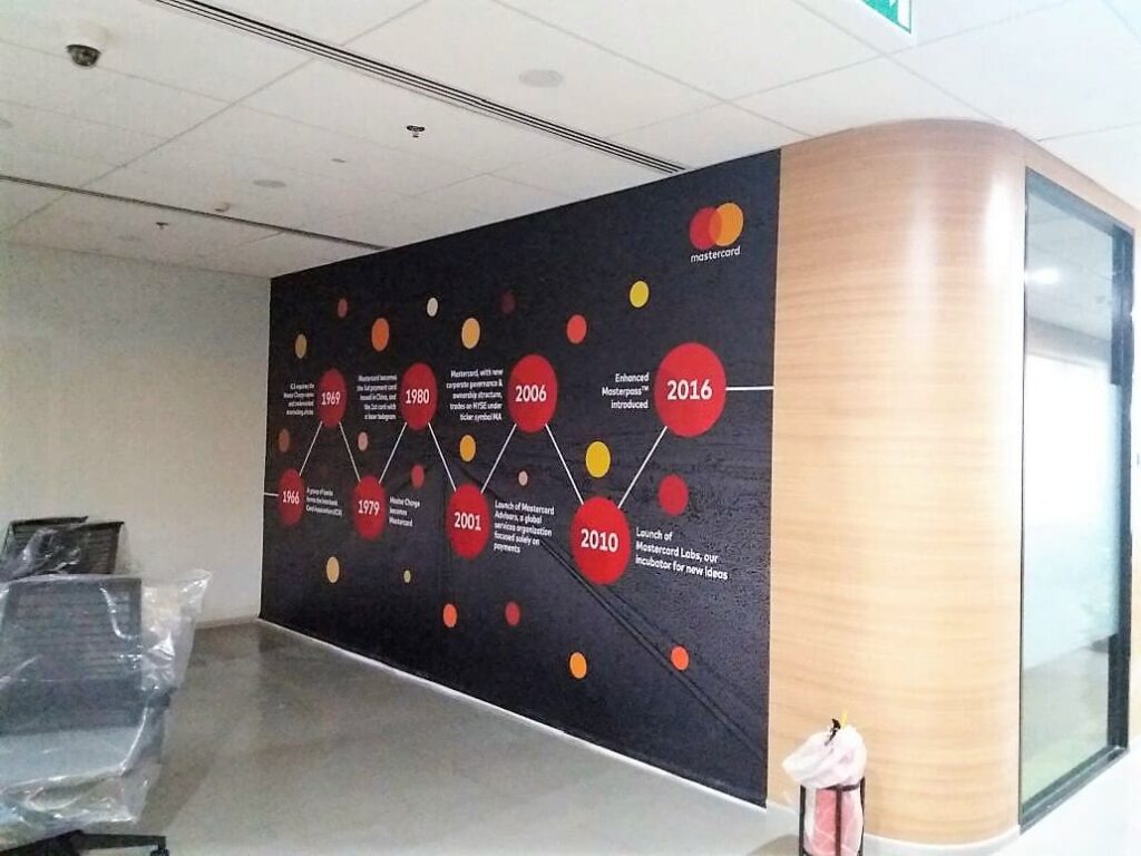 A great office interior design idea to use a full size wall sticker to show a company’s historical timeline and achievements