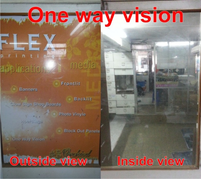 front and back view of one way vision glass printing film which shows the difference in visibility from both sides