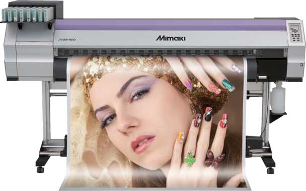 eco solvent mimaki printing machine outputting a vinyl banner job. Image shows the Mimaki machine as well as photo of a female model