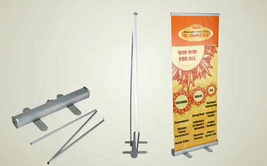 standee printing on collapsible structure which fold down and packed in a small bag