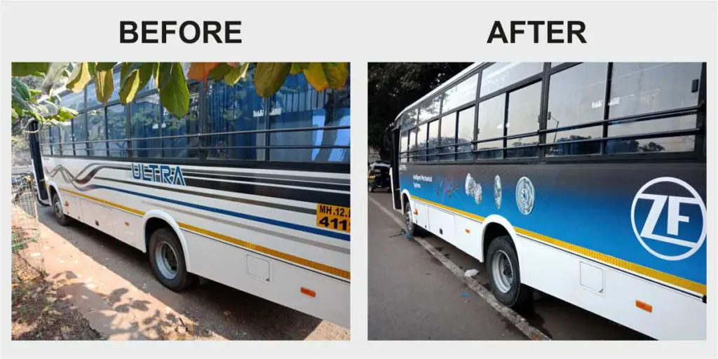 Before and after views of a large bus belonging to ZF company once vehicle branding and printing is executed on the same