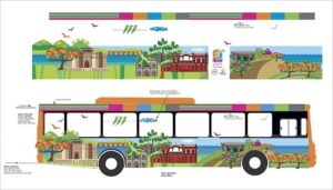 An artist’s design for branding a bus with a vinyl wrap to show what the final vehicle branding will look like