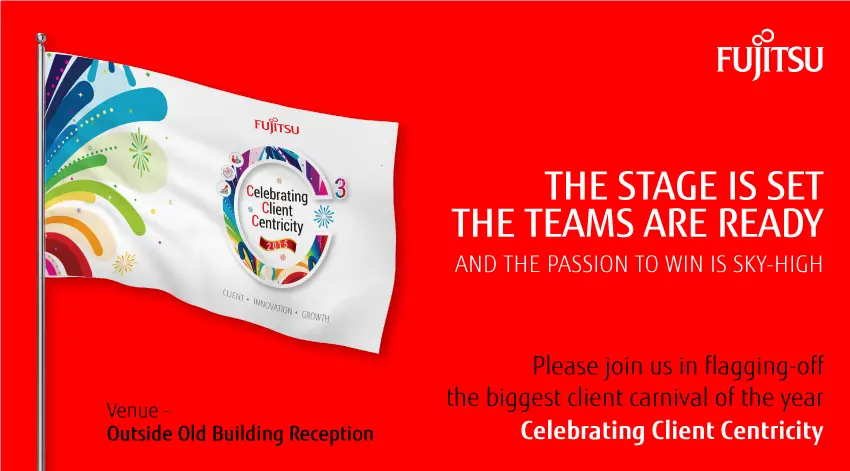 Design of the invite for an event at Fujitsu company for which double sided flags needed to be custom printed