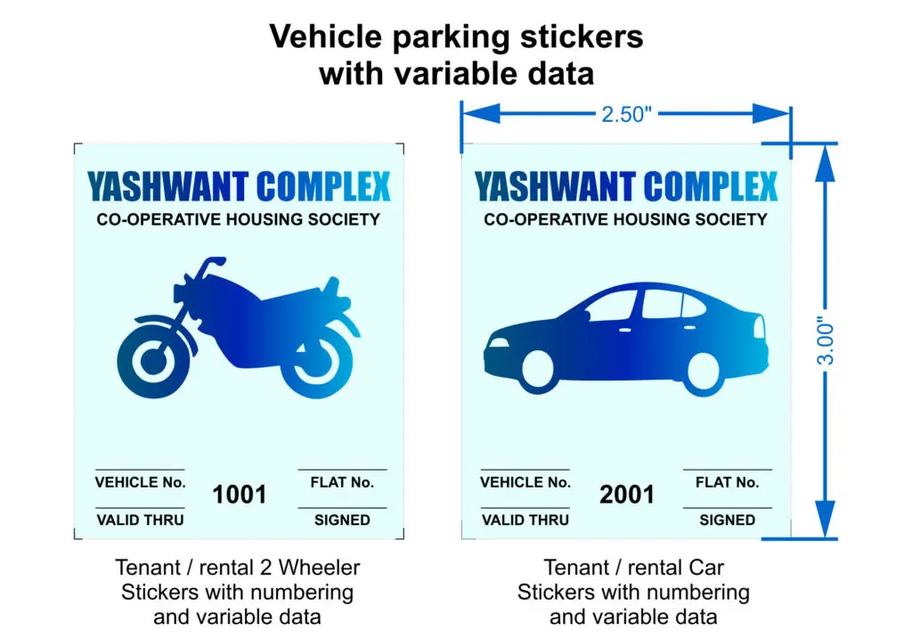 vehicle parking stickers personalised with variable data like the name of the society, parking bay numbers, expiry date, serial number etc.