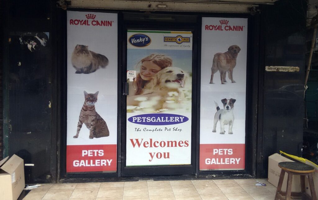 glass film prints for a store front advertising royal canin dog food products