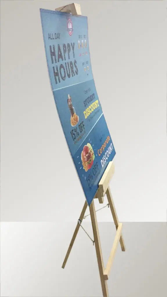 easel standee with sunboard sign works as a storefront display