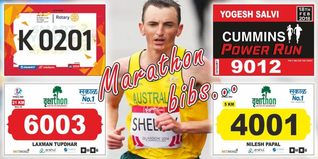 different marathon bibs designs displaying user specific data like the runner's name, bib number, event logo, sonsors names, race category, etc.