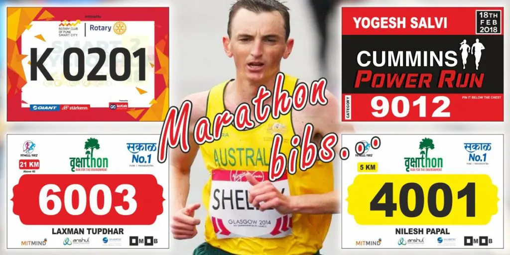 different marathon bibs designs displaying user specific data like the runner's name, bib number, event logo, sonsors names, race category, etc.