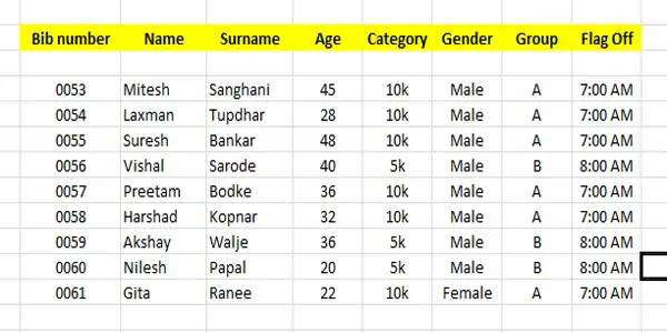 a screen shot of an excel file containing variable data like the name of the runner, age, race category, gender, rage group, flag off timings, etc.
