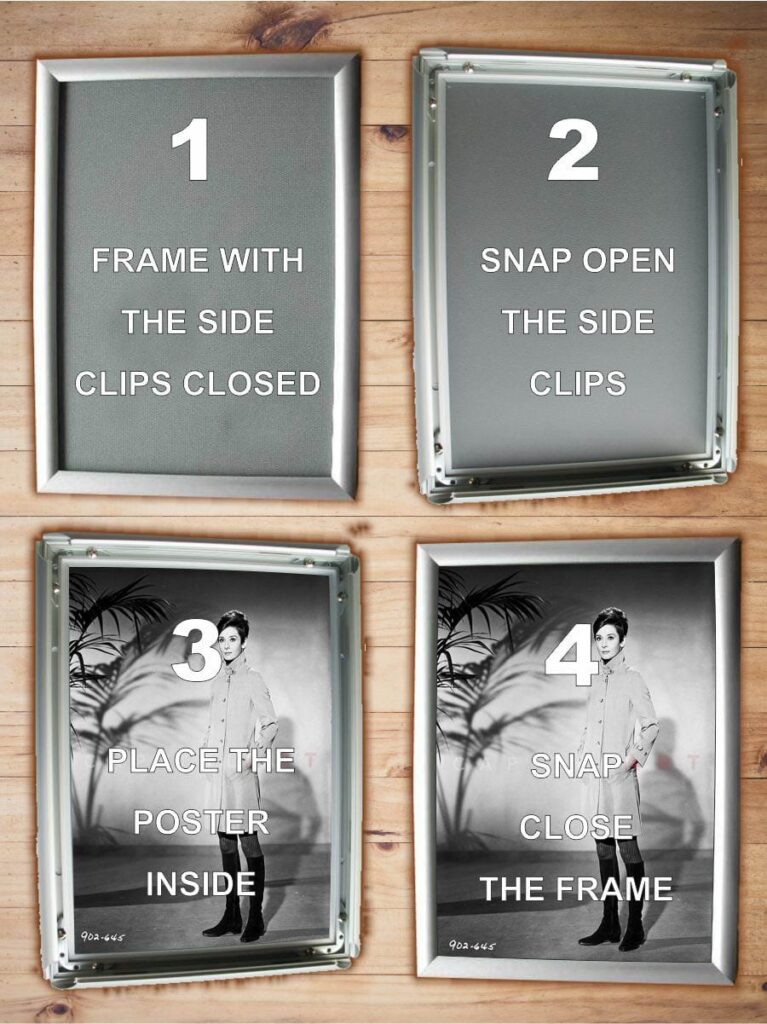 to use non-lit aluminium clip on boards snap open the side profiles place the poster in the frame and then snap close the edge profiles as shown in this image