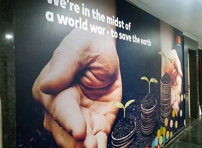 custom printed wallpaper fixed in the corridor of the Mastercard corporate office