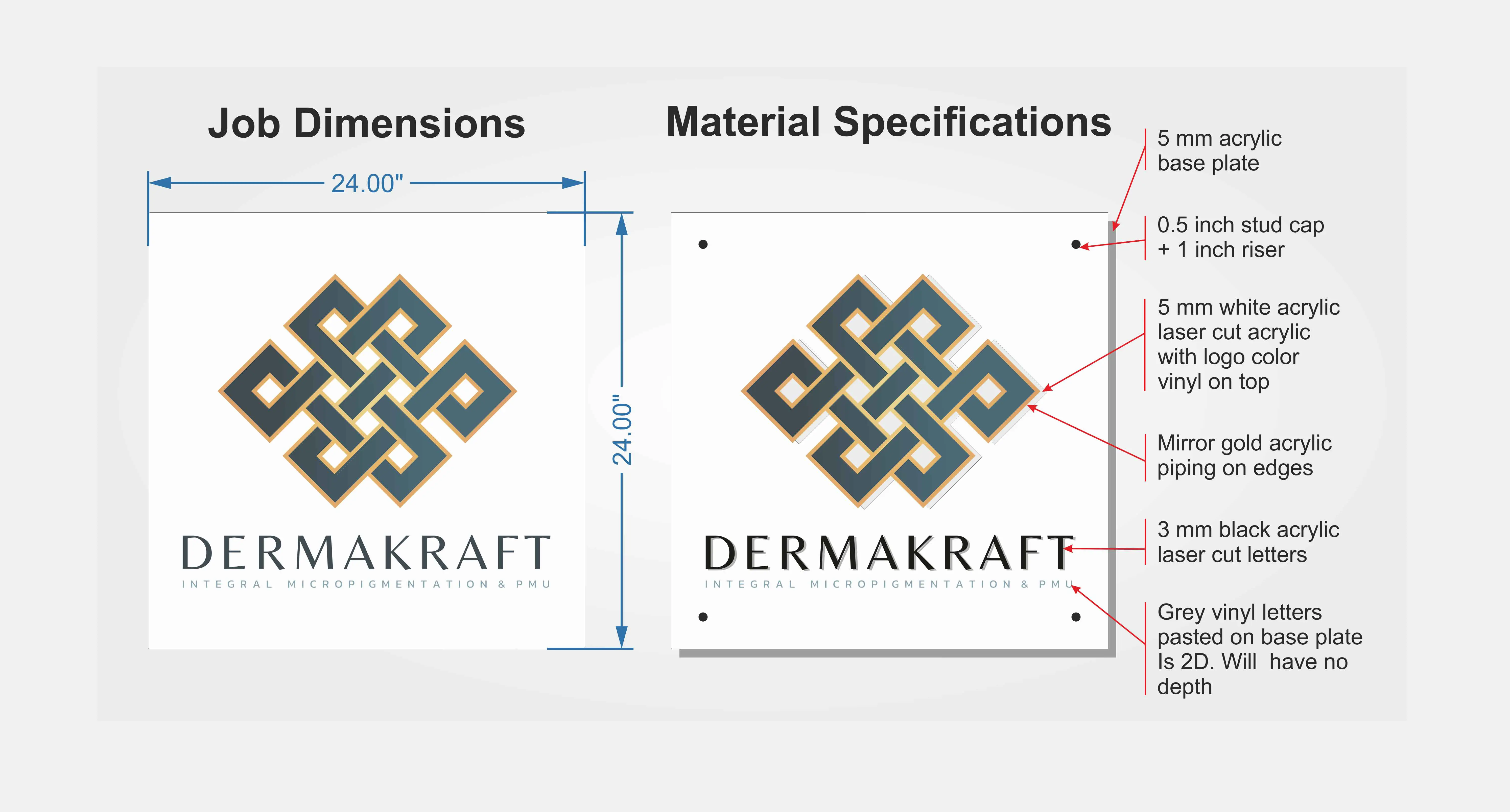 This image shows the job and material specifications that're part of an perspex name board.