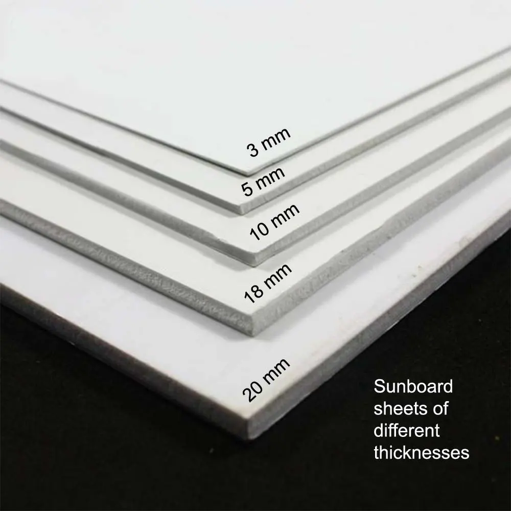 sheets of sunboard are available in different thicknesses ranging like 3 mm, 5 mm, 10 mm and even 20 mm