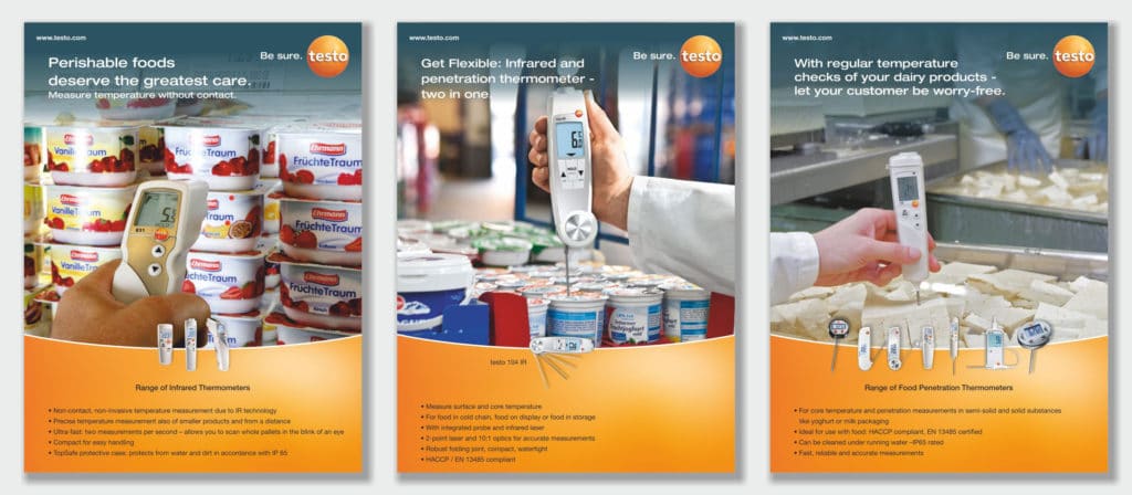 3 product artworks of Testo company for poster presentation at a dairy expo