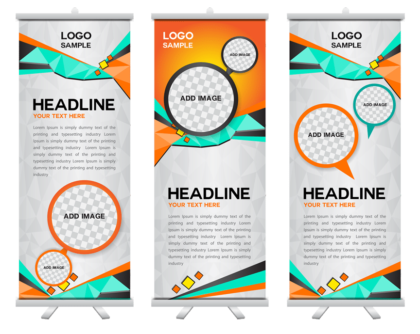3 pull up standee printing design templates which can be adapted for use in Hotels Training camps Exhibitions Supermarket aisles retail stores Entrances of commercial places etc