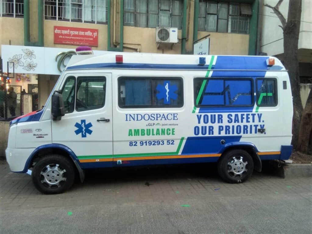 Personalised design and branding done on the side of an ambulance belonging to the Indospace Company