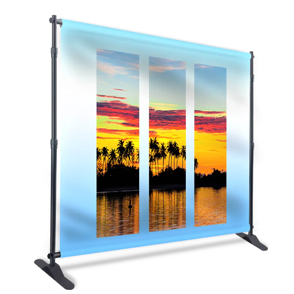 Collapsible and portable exhibition backdrop with a large printed flex stretched on jointed bars