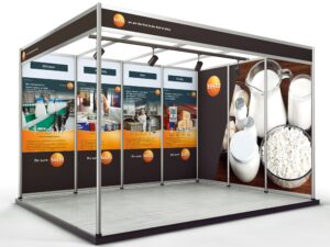 Exhibition posters for Testo company printed on a grey back media and pasted on the panels of a trade show booth