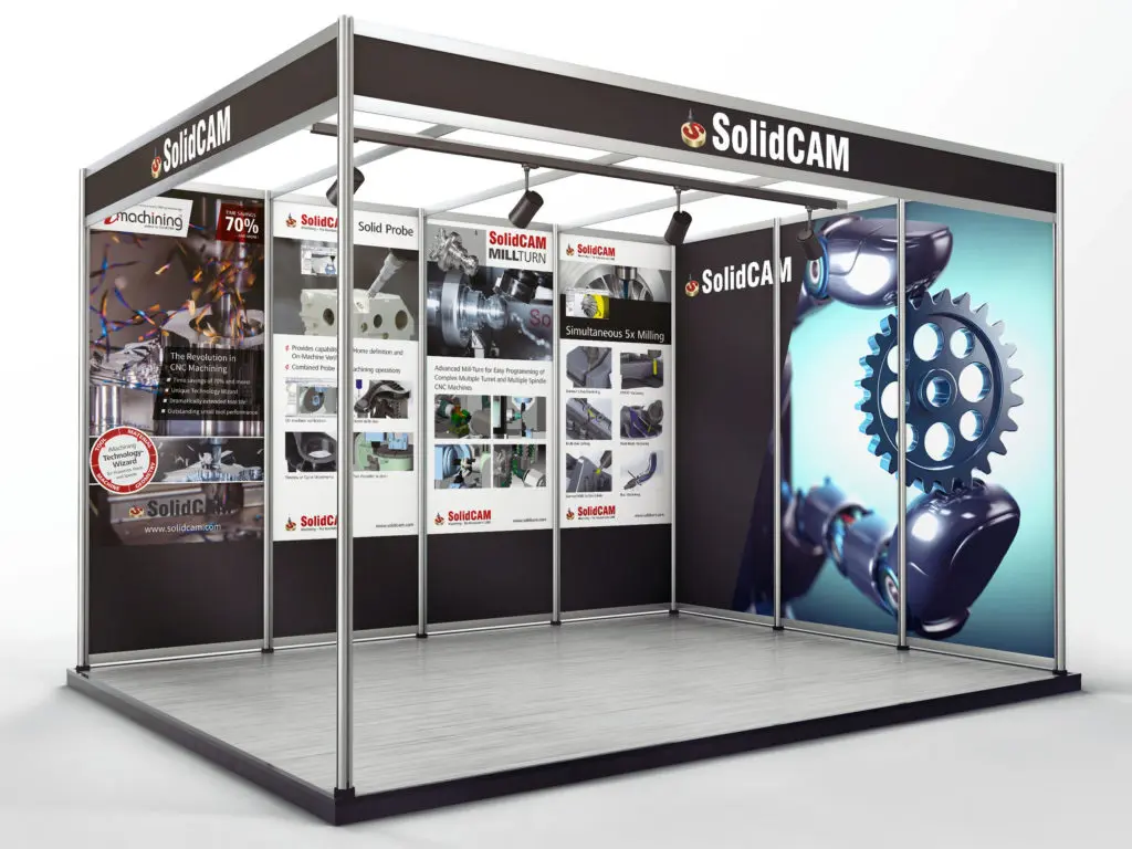 High photo quality exhibition posters for the Solidcam company pasted on the panels of a trade show booth