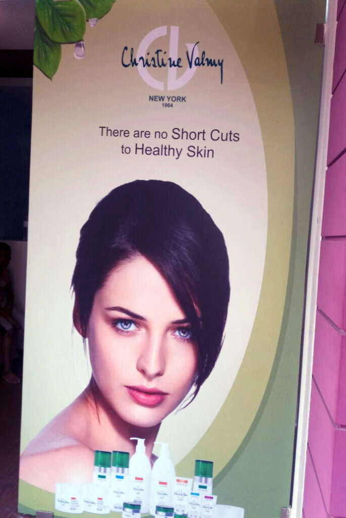 High resolution photo vinyl print is ideal for commercial advertising applications. Image of a model pasted outside a beauty salon