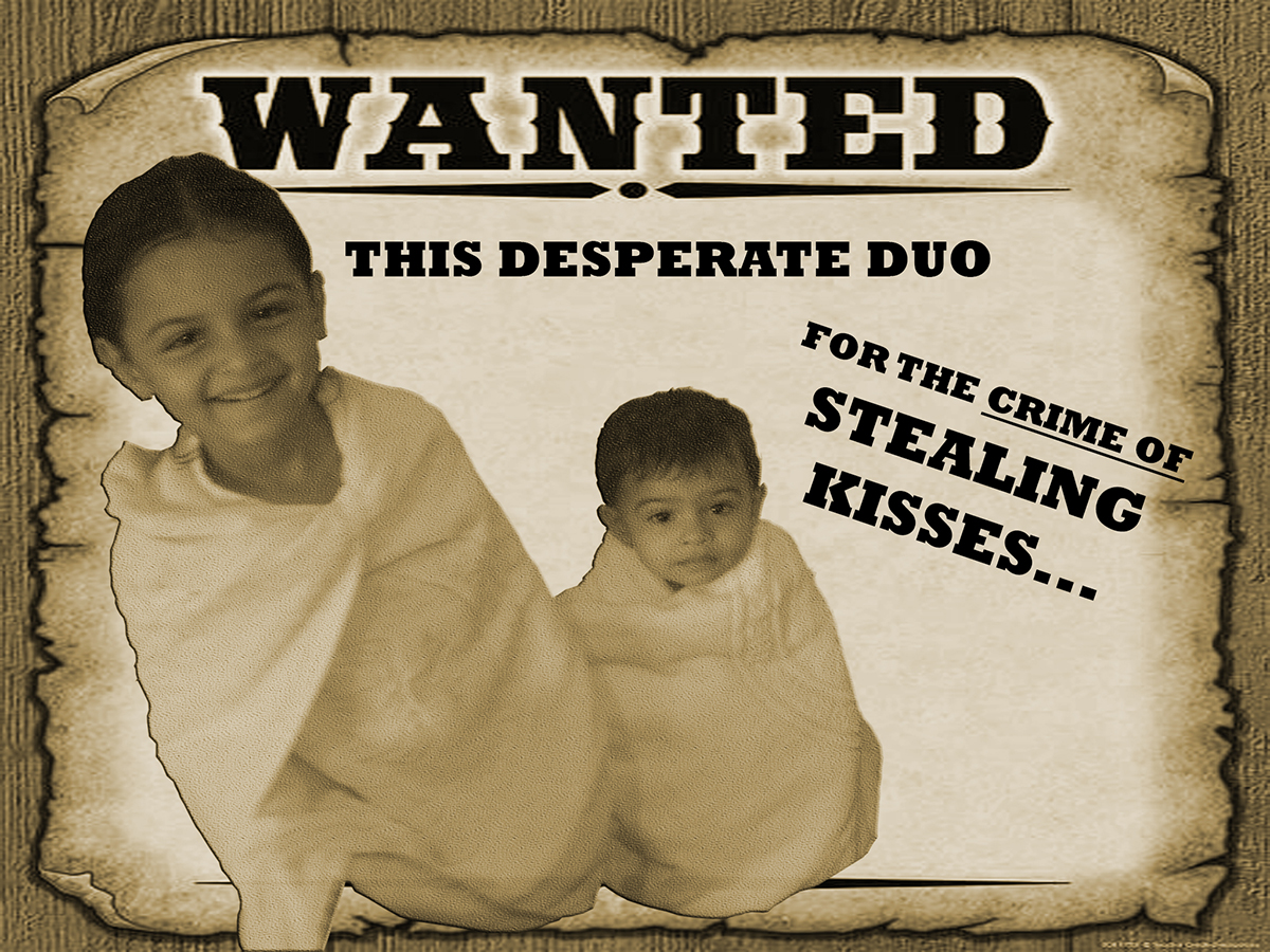 cute wanted poster in sepia tone showing a photograph having a halftone dor