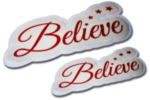 UV printed embossed stickers having a raised 3d effect. Cut in the shape of a ‘Believe’ logo to create a beautiful brand sticker