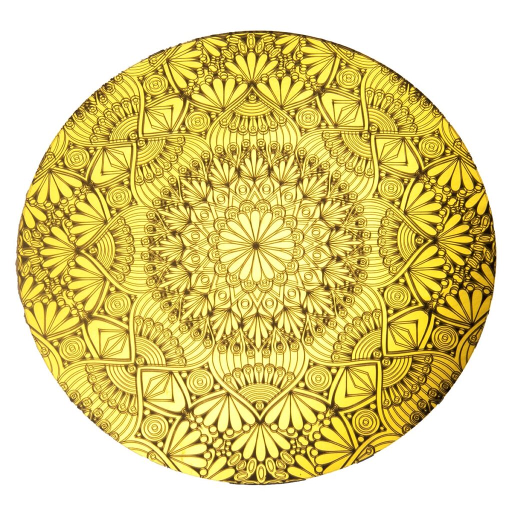 abstract flower design printed on a high reflective gold finish metal plate laser cut in the shape of a circle