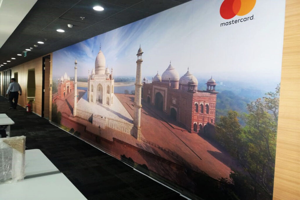 Photo of the Taj Mahal blown up to create a full wall sticker for the Mastercard corporate office