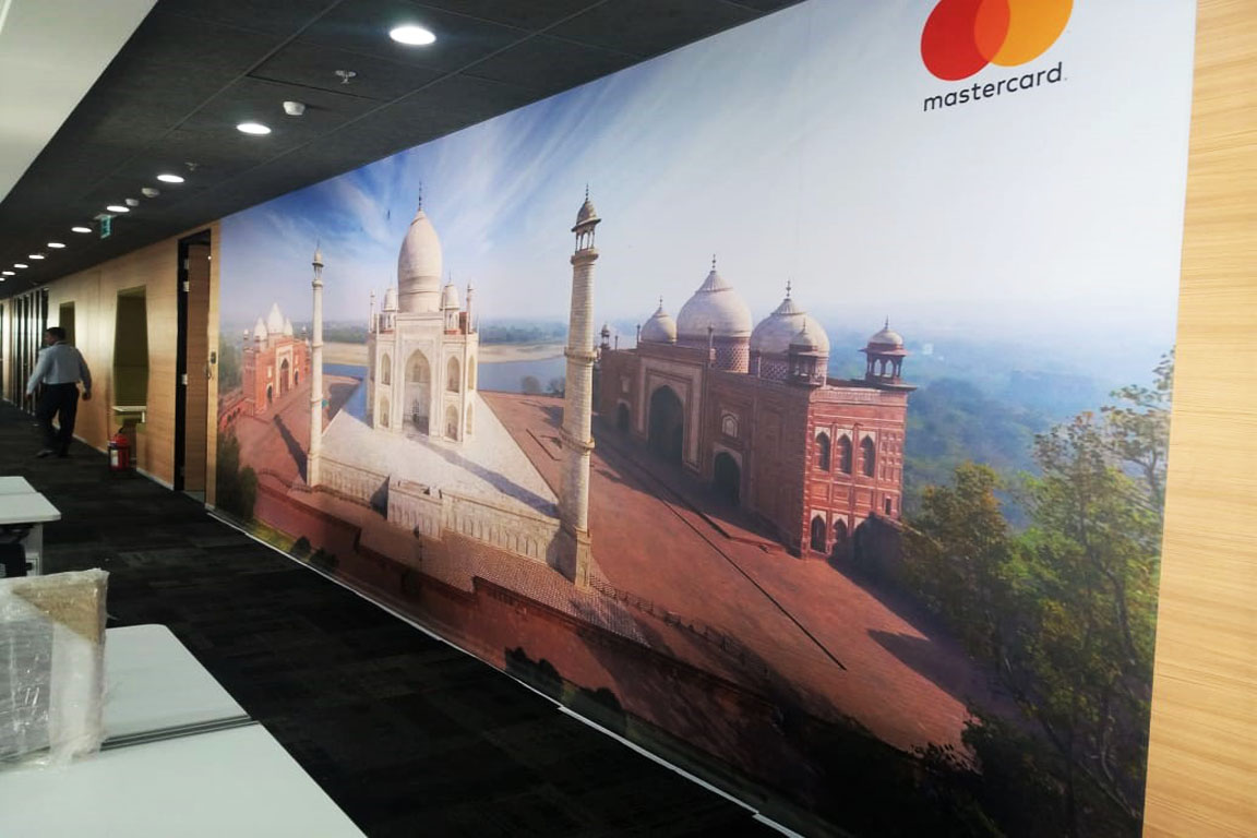 Photo of the Taj Mahal inkjet printed on self adhesive vinyl to create a huge wallpaper for enhancing the interiors of an office