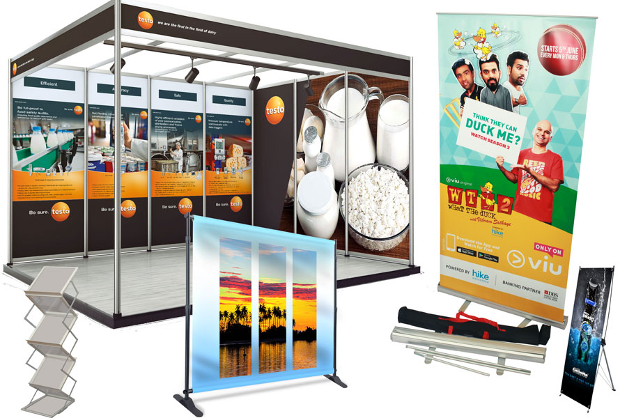 collage of exhibition solutions like backdrops, roll-up standees, X-stand for banners, brochure display stand and exhibition posters
