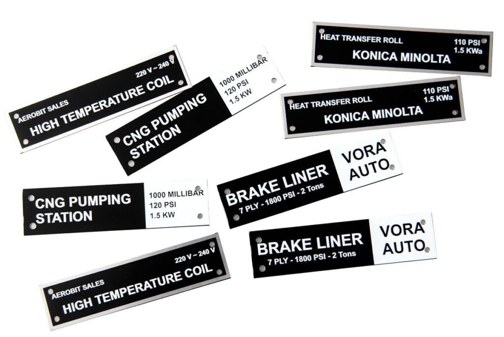 UV printed machine plates on metal sheets showing the name of the machine manufacturer and its specifications