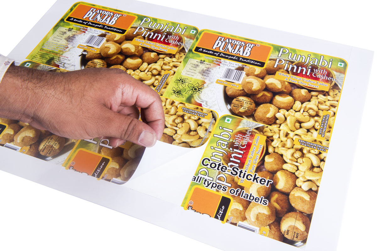 Stickers food products. High resolution label printed on mirror coat paper having a slightly glossy finish