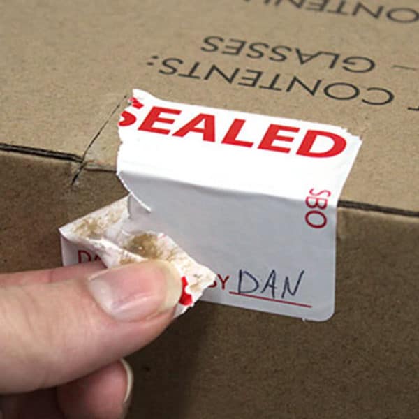 Tamper Evident Labels are ideal for securing packages. Try peeling them and they will tear into small parts instead of coming out fully.