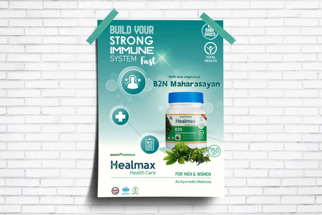 a marketing chart for the Healmax company held in place on a wall by adhesive tape