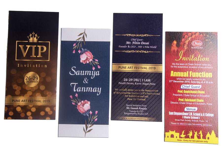 artworks for four different invitations colour printed on a digital press on textured paper