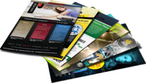 different artworks of single sheet flyers printed and fanned out for display