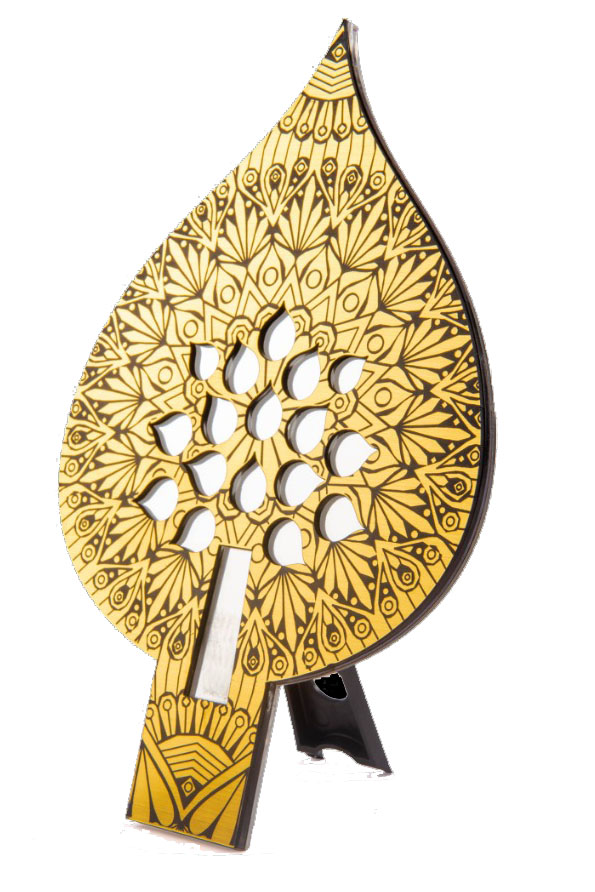 laser engraved mirror gold metallic trophy in the shape of a leaf having a floral design