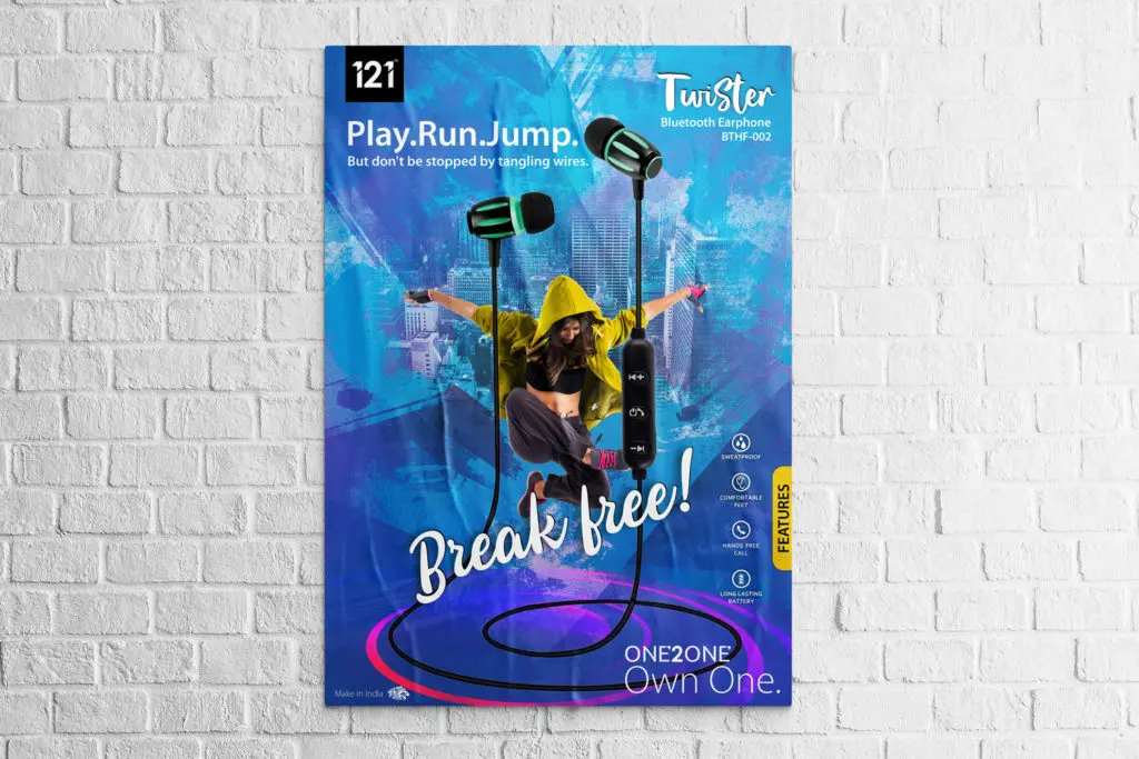 Colourful paper poster advertising earphones of the Twister brand pasted on a brick wall