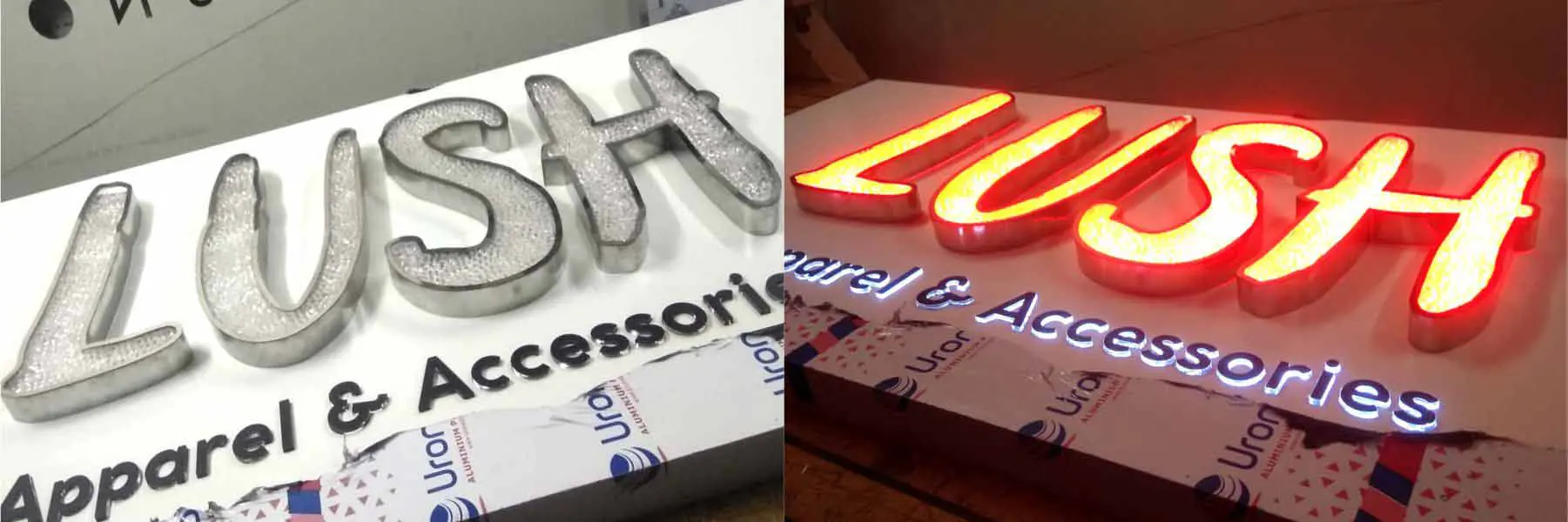 Channel letter glow sign board made of metal skirting and crystal LEDs on top. Day and night view showing the board with lights switched on and off