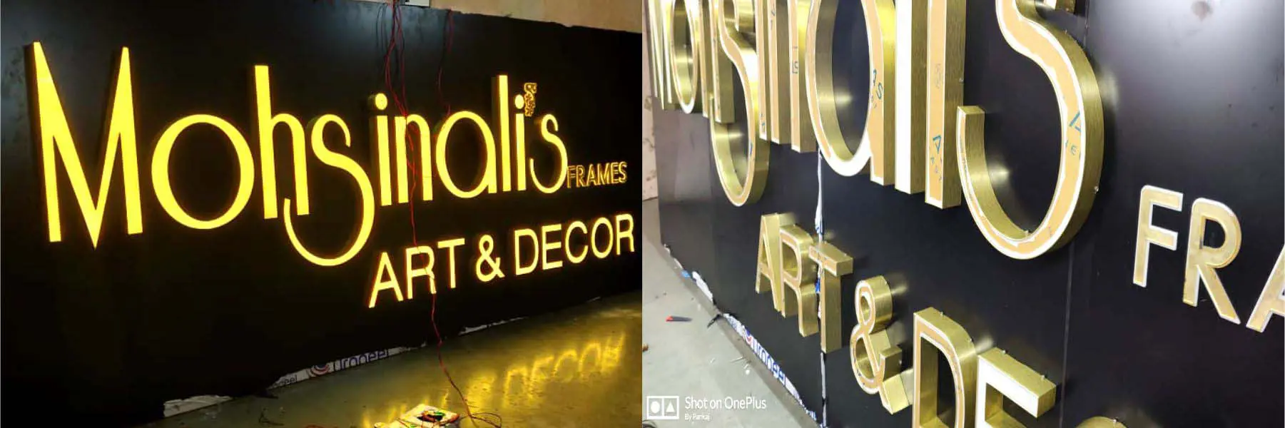 Shop signboard made of channel letters having a gold metallic finish on the sides. Front surface has acrylic and is lit with warm white LEDs