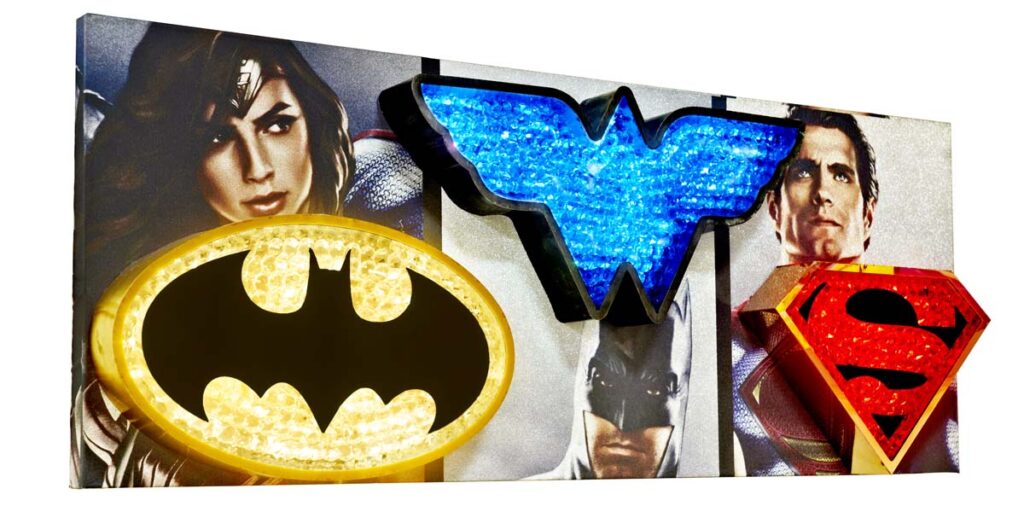 Superhero logos made of metal with crystals on the front surface. LEDs lights giving a beautiful sparkling glow. Crystal letters mounted on an ACP board printed with images of Justice League superheroes