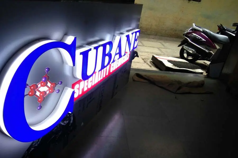 Acrylic sign board made for the Cubane company. Side view shows acrylic letters in 3D fixed on a white ACP frame glowing with inbuilt LEDs