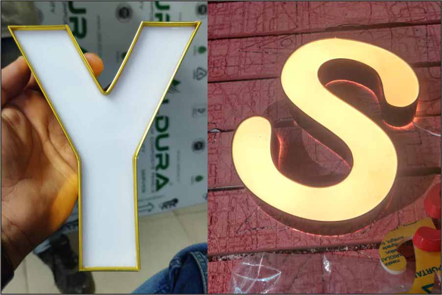 Two examples of channel letters which are used for creating acrylic sign boards for shops. Non lit letter Y with a gold side patti. S letter with an acrylic front and lit with LEDs from within
