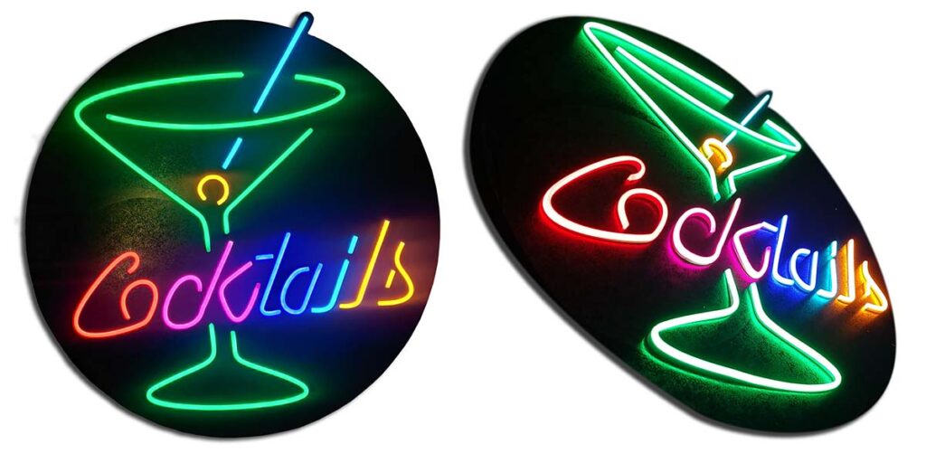 neon sign for a cocktail bar made in multicolor neon lights mounted on a black disk
