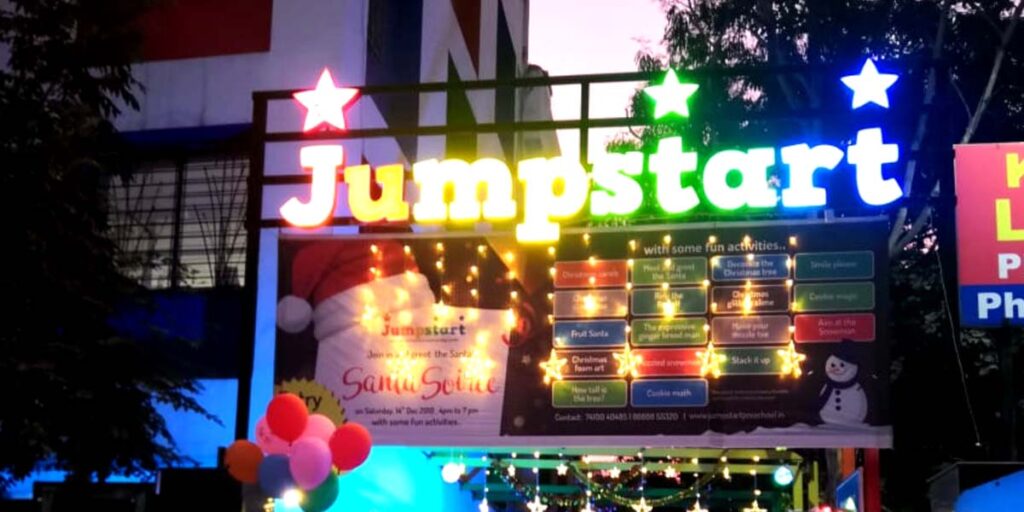 Bright and colorful stand alone LED letters cut in the shape of the Jumpstart pre-school logo. Acrylic LED fitted directly on the frame of a gate
