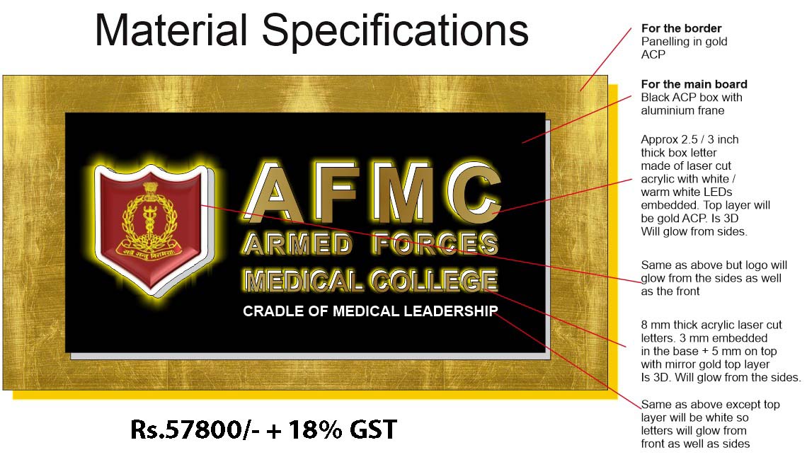Proposal showing the layout design material specifications and costs for a 3D LED Acrylic Glow Sign Board for AFMC. It mentions which component of the sign board is 3D which glows, etc.