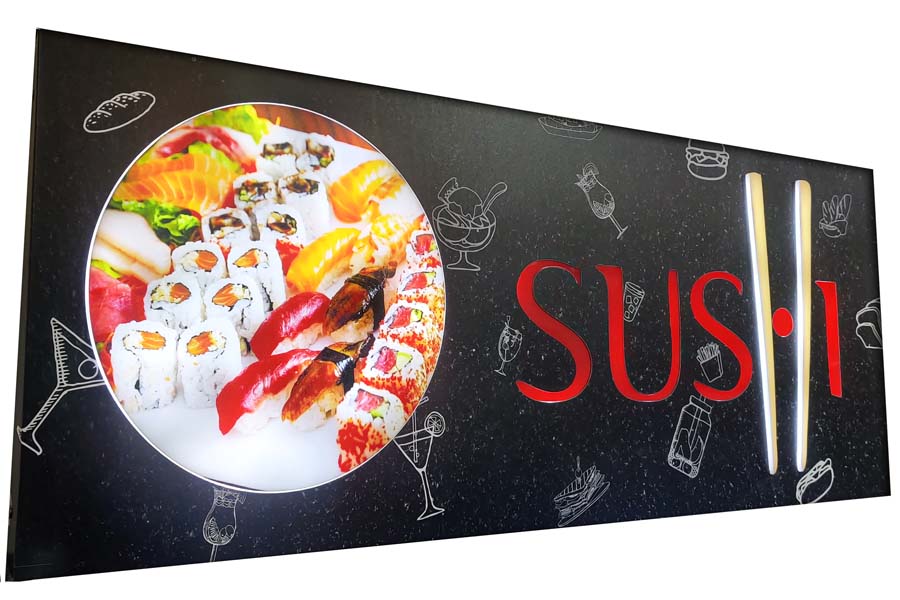Stencil cut acrylic letters board for a restaurant named Sushi. Board made of black printed ACP with a brightly lit food image and letters glowing in red LEDs