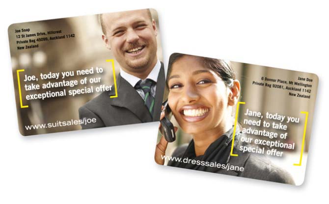 VDP software can even merge different photos in a standard design template. Here is a example of a direct marketing mailer bearing names and images of the recipients